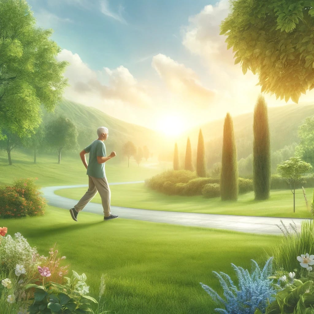 A serene and inspiring scene depicting an elderly person walking briskly in a picturesque park, surrounded by lush greenery and blooming flowers. The person appears healthy and active, showcasing good physical performance. The background includes a sunny sky, gentle hills, and a clear pathway, symbolizing a journey towards longevity and health. The overall mood is uplifting and emphasizes the connection between physical activity and extended life.