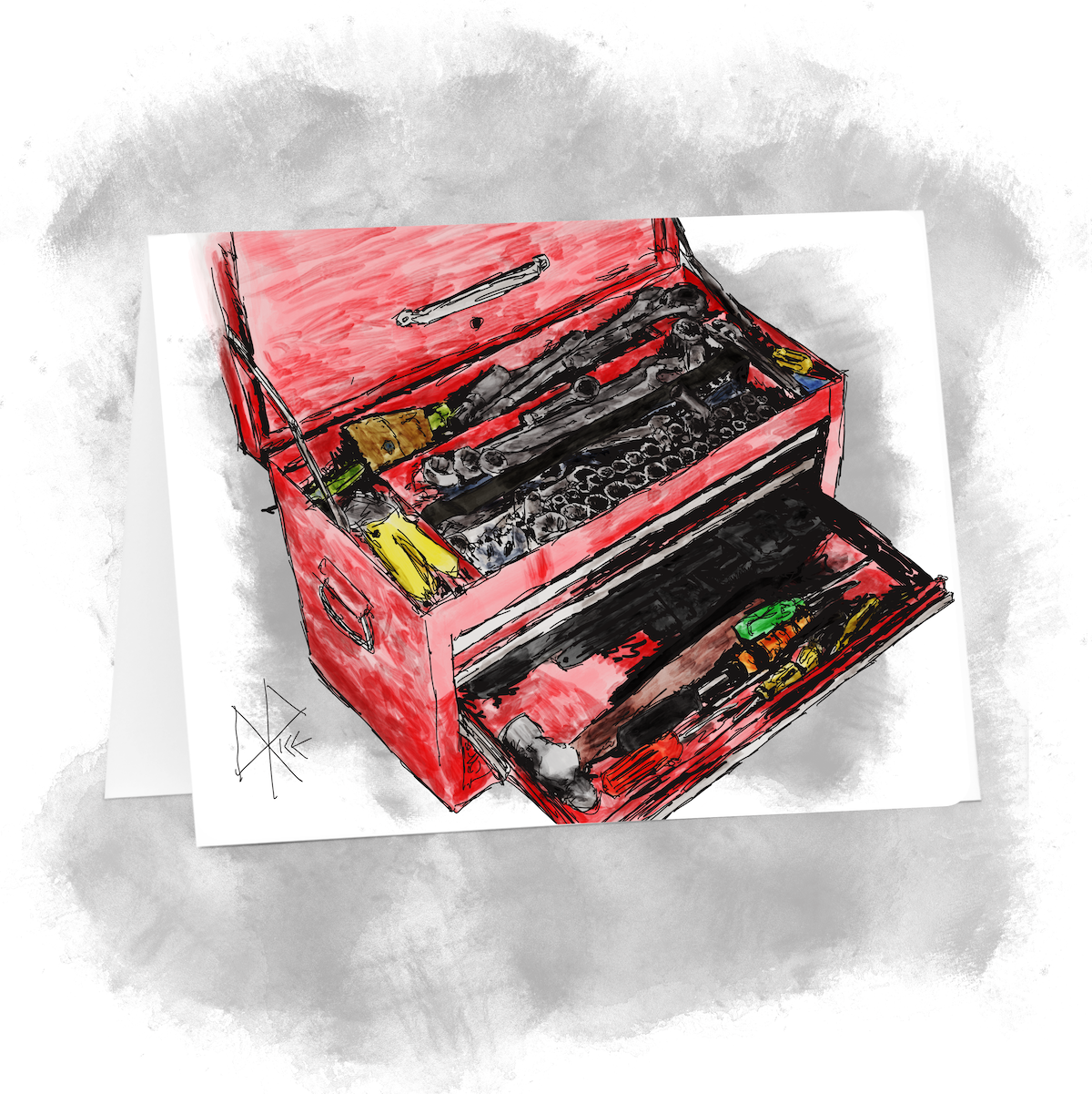 A toolbox with one drawer open - displaying a selection of screwdrivers, ball peen hammer, wrenches, ratchets, sockets, and more. Sketch art by Don Rice. A toolbox with one drawer open - displaying a selection of screwdrivers, ball peen hammer, wrenches, ratchets, sockets, and more. Sketch art by Don Rice.