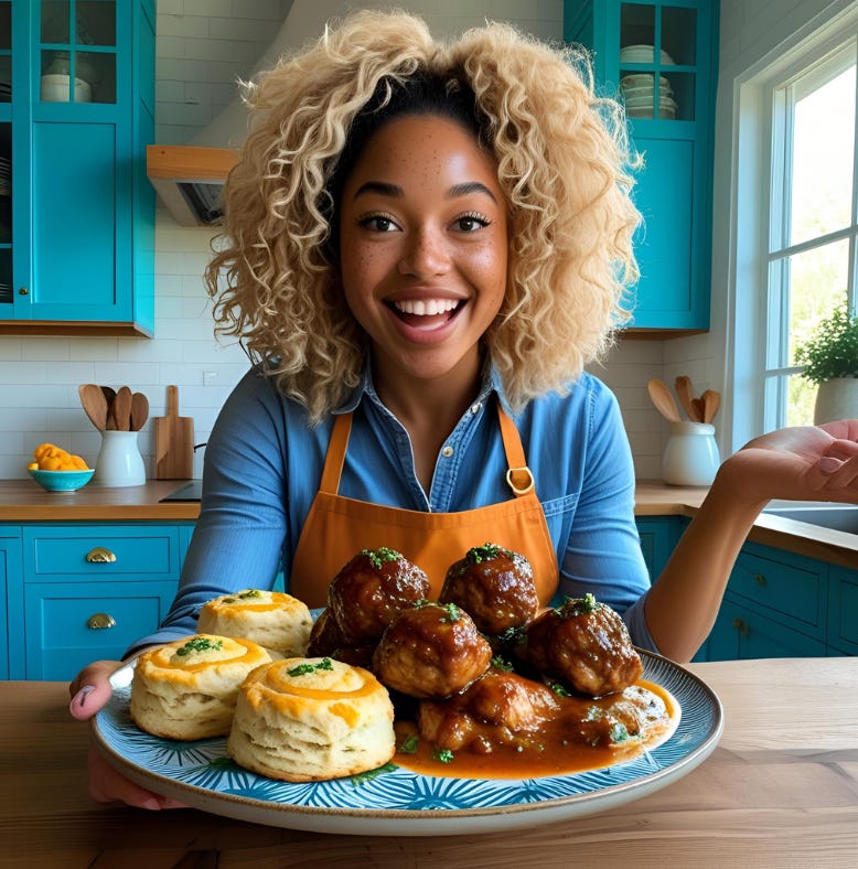 A young Black woman with curly blonde hair, smiling in a vibrant turquoise kitchen, holding a plate of glazed meatballs and cheddar biscuits