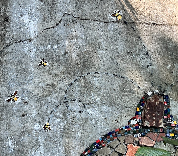 The mosaic installation of the coke oven made to look like a beehive, with little mosaic bees buzzing around it.