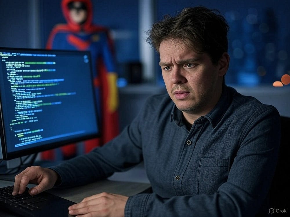 Confused developer looking at broken API code, with Postman Intergalactic floating in the background like a superhero