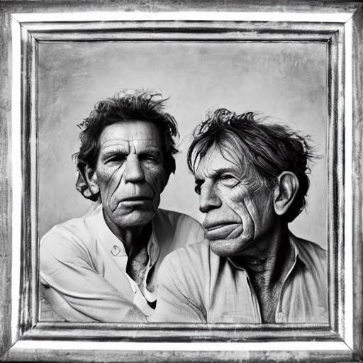 Monochrome style AI-generated photorealistic portrait of Keith Richards and Mick Jagger, founding members of The Rolling Stones