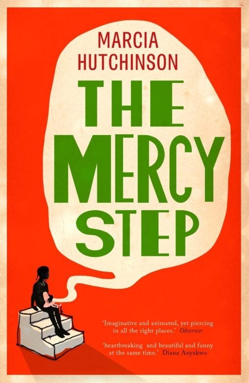 A red book cover showing a small girl clutching a doll sitting on a step. The book is The Mercy Step by Marcia Hutchinson.