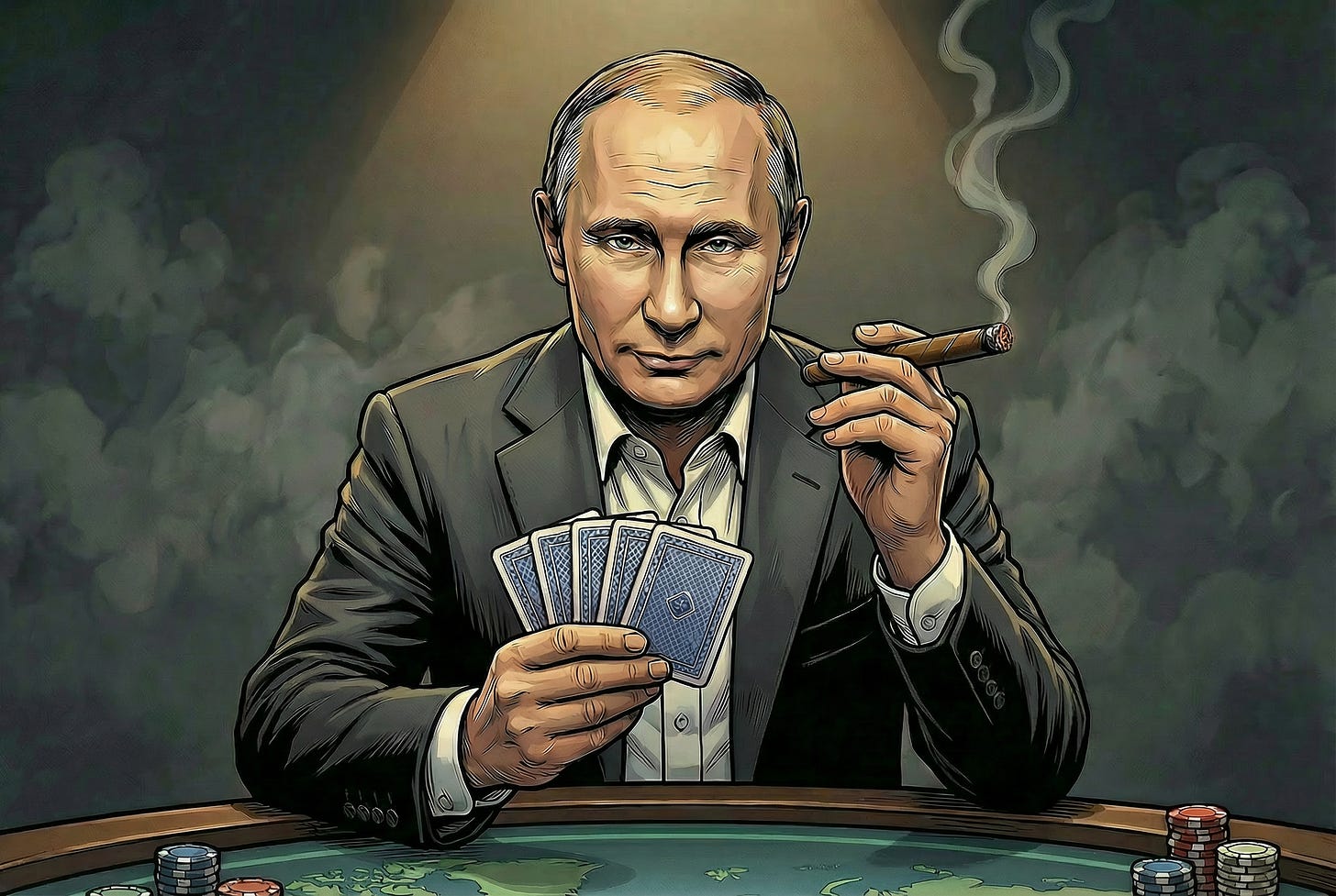 Vladimir Putin holding up poker cards