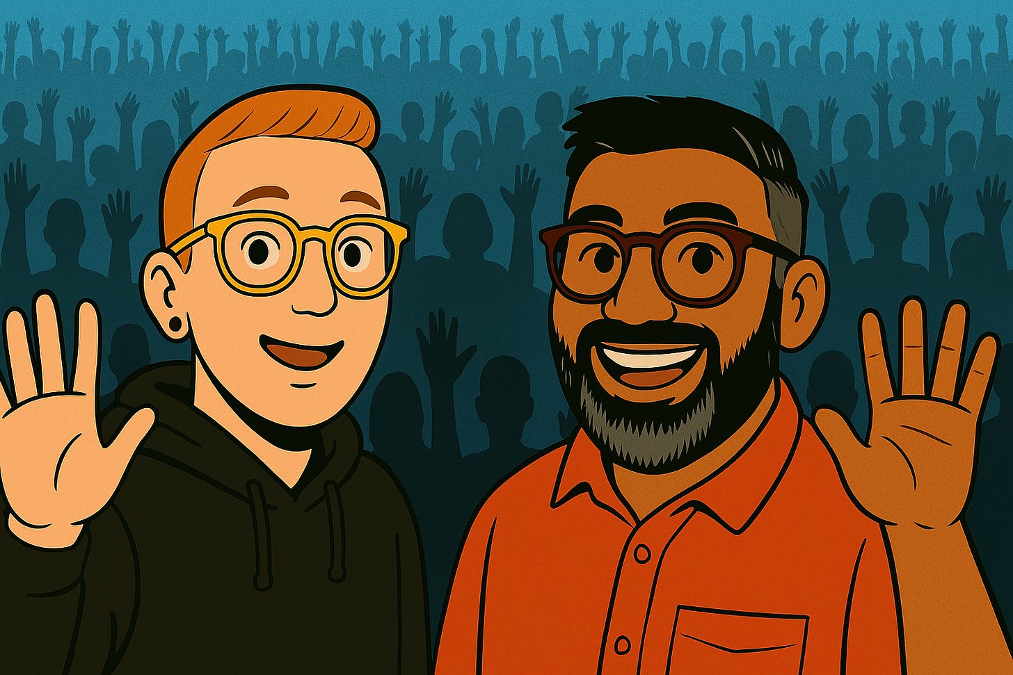 Analytics Unscripted podcast - Dan Perry-Reed and Bhav Patel waving at all the podcasts guests