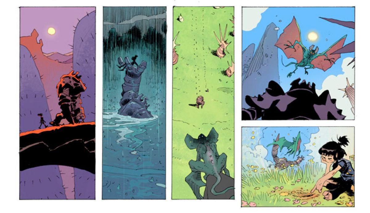 A small girl and a huge armored figure march through a series of different landscapes, from foreboding sunset, to a dark raining stream, to a lush empty field of grass where the figure battles a bat-winged monster as the girl plays calmly in the dirt in Step by Bloody Step #1 (2022). 