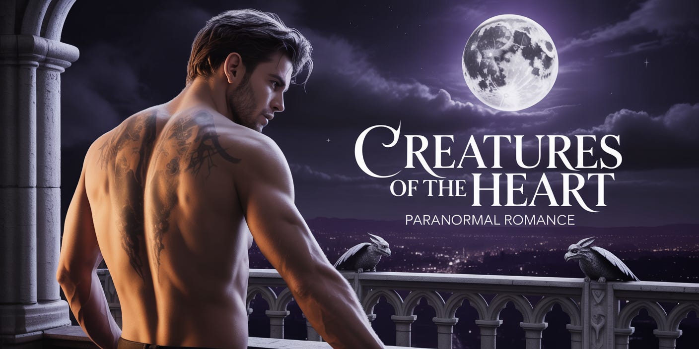 Nighttime paranormal romance banner featuring a shirtless, muscular man with a large dark tattoo spanning his back, standing on a stone balcony under a full moon. Two gargoyle statues perch on the railing, overlooking a city lit below. Large white text reads, “Creatures of the Heart” with “Paranormal Romance” beneath it.