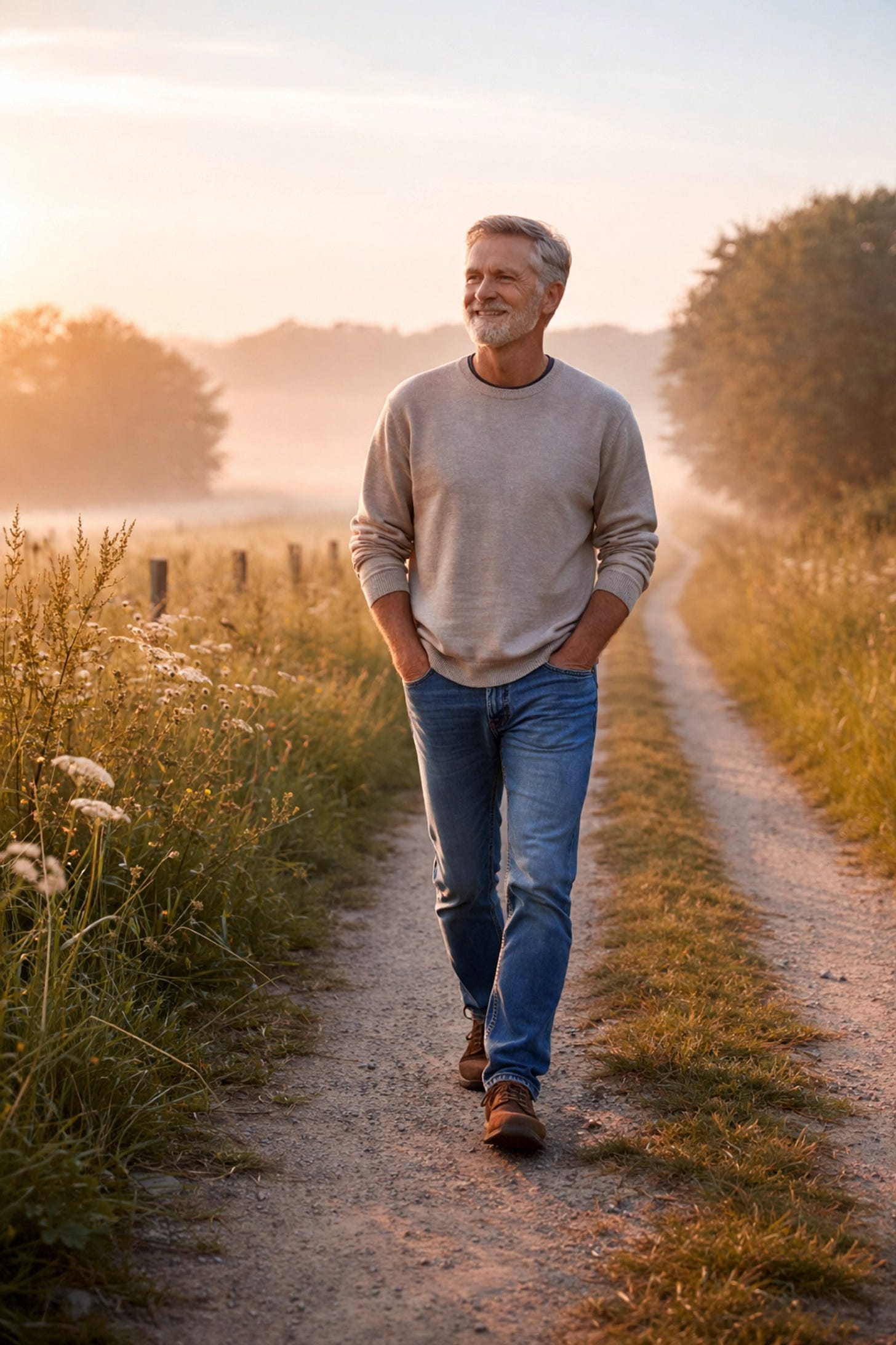 Man walking peacefully on country path, embracing a life of grace without fear or striving Man walking peacefully on country path, embracing a life of grace without fear or striving