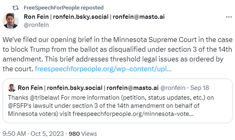 @ronfein: We've filed our opening brief in the MN Supreme Court in the case to block Trump from the ballot as disqualified under Section 3 of the 14th Amendment. This brief addresses threshold legal issues as ordered by the court. @ronfein: We've filed our opening brief in the MN Supreme Court in the case to block Trump from the ballot as disqualified under Section 3 of the 14th Amendment. This brief addresses threshold legal issues as ordered by the court.