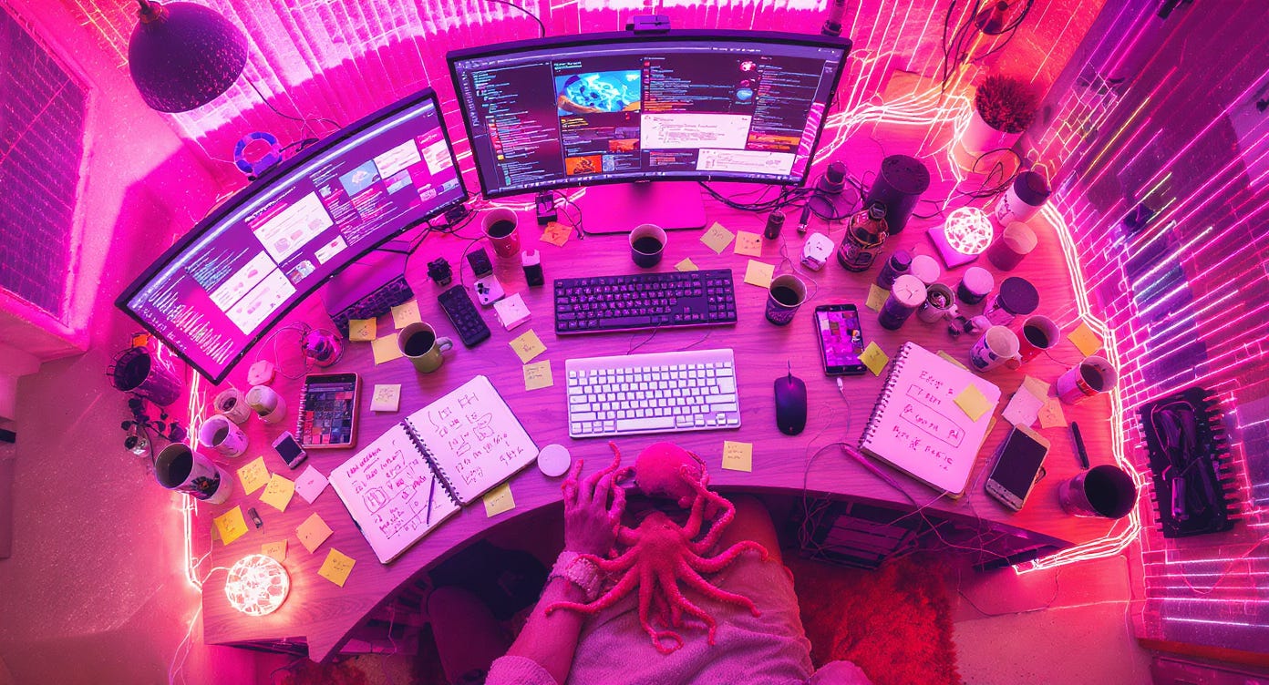 Multi-project workspace demonstrating 'octopus mode' productivity approach