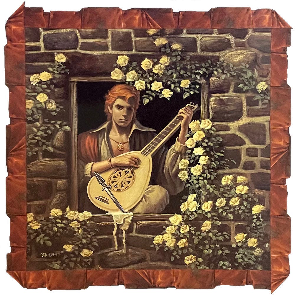 Back cover illustration for EXILES: RUINS OF AMBRAI featuring a red haired minstrel posed at the window of the tower with hand on the neck of a lute and the fingers poised to strum. A knife is planted in the sill, pinning a white cap in front of him. Yellow roses climb the rough, uneven stone wall framing the opening.