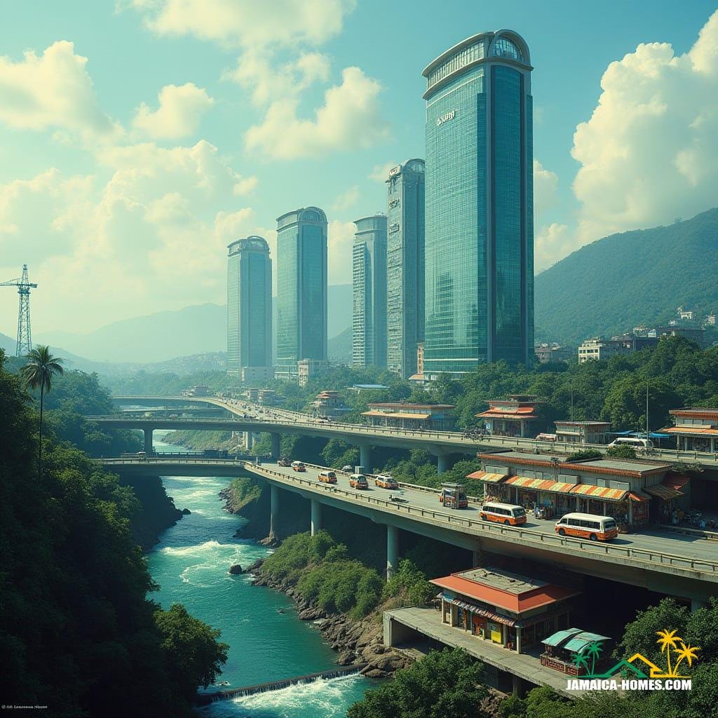 A futuristic skyline with sleek glass towers, highway snaking through, petrol stations and convenience stores mid-level, colorful Jamaican minibuses on elevated roads, waterfalls and area between flat bridge and Ocho Rios between facades, vibrant market stalls on rooftop terraces, in a cinematic film still style, reminiscent of Blade Runner, with a hint of Syd Mead and Ash Thorp's futuristic neon aesthetic, shot on 35mm film with a v-raptor XL, incorporating film grain, vignette, and cinematic lighting, color graded for a dramatic atmosphere.
