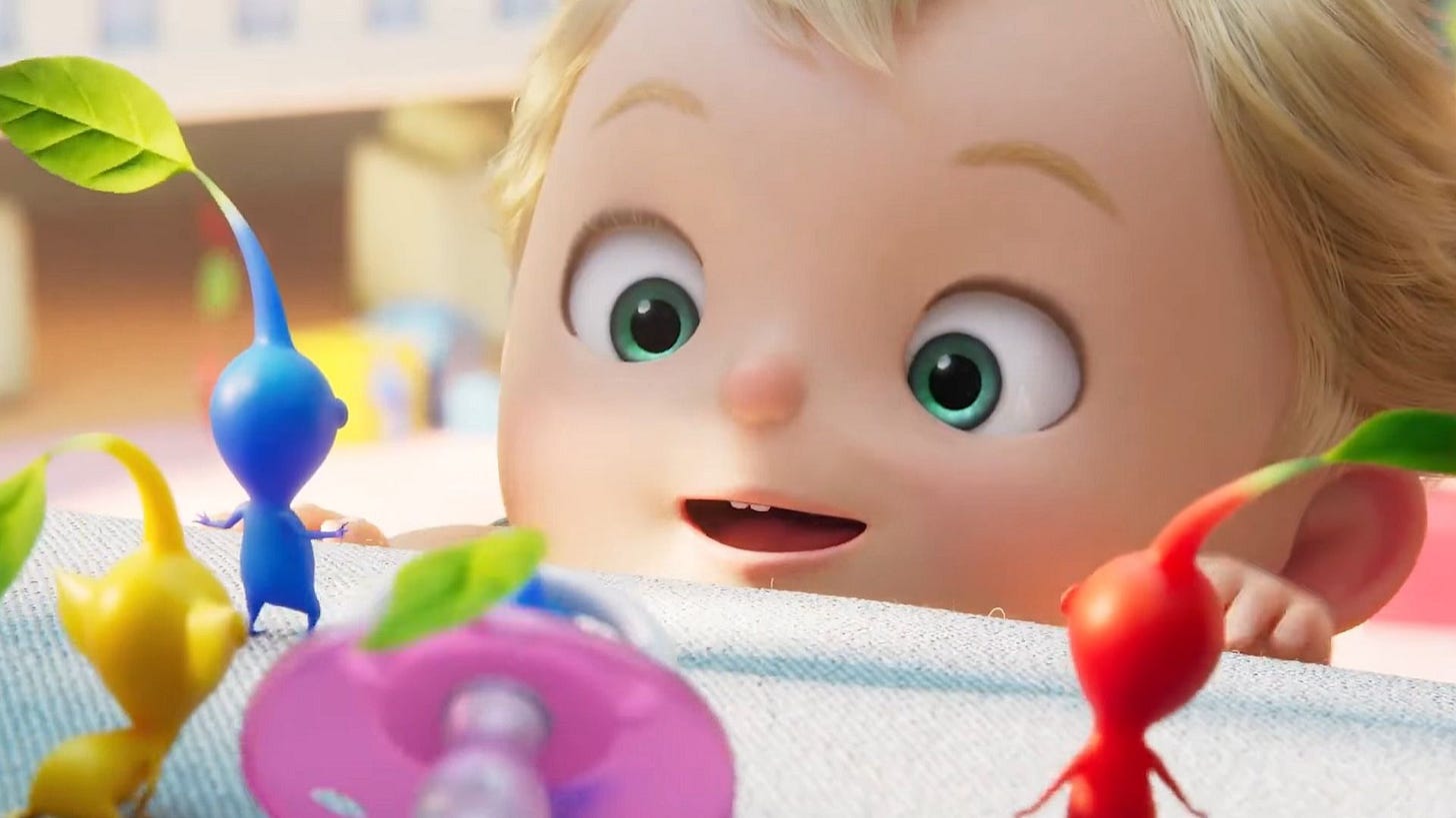 A baby looks at adorable Pikmin in an animated short made by Nintendo