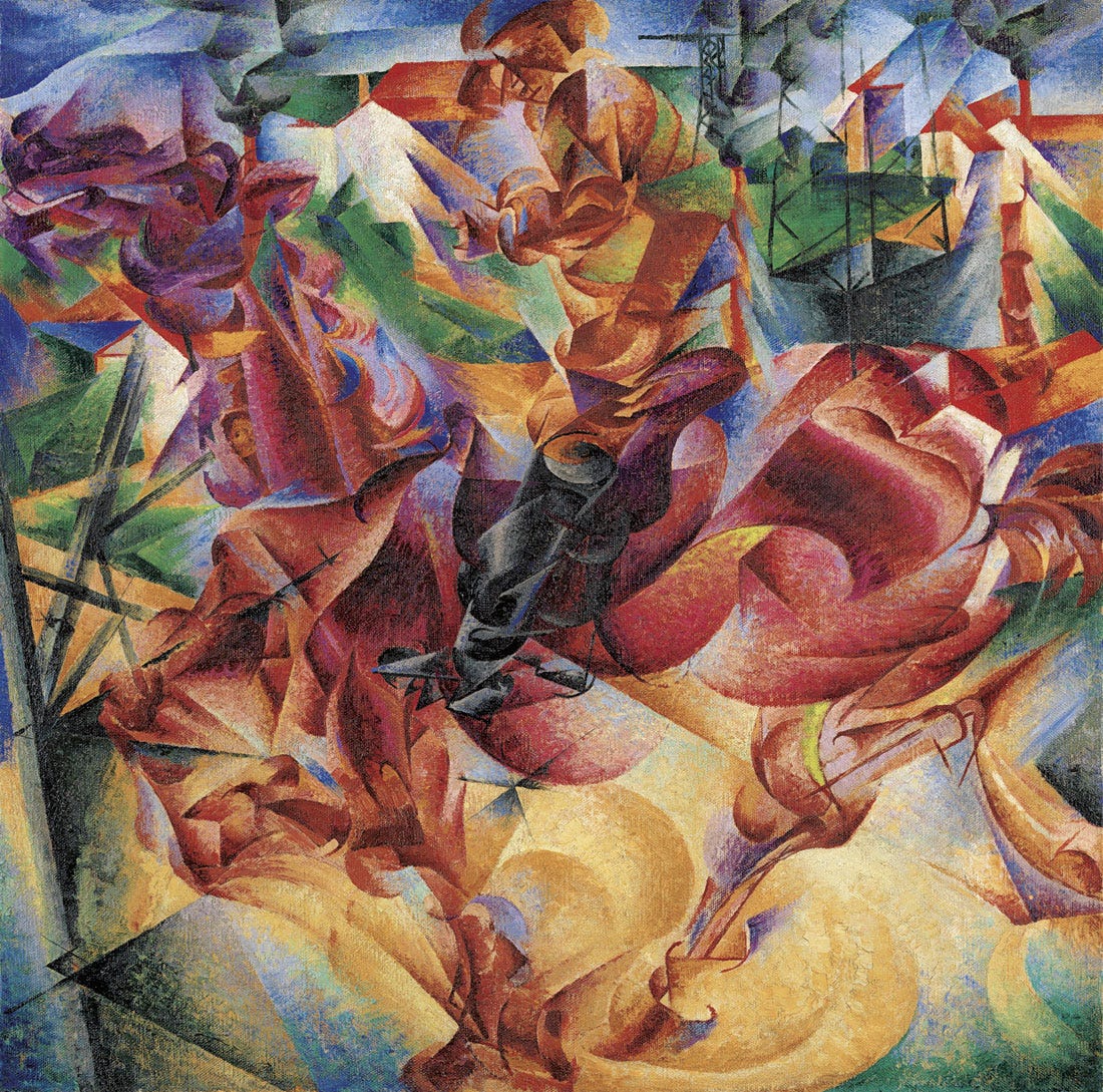 A horse and its rider broken into bright red, orange and green shapes that merge with electricity pylons and factory buildings.