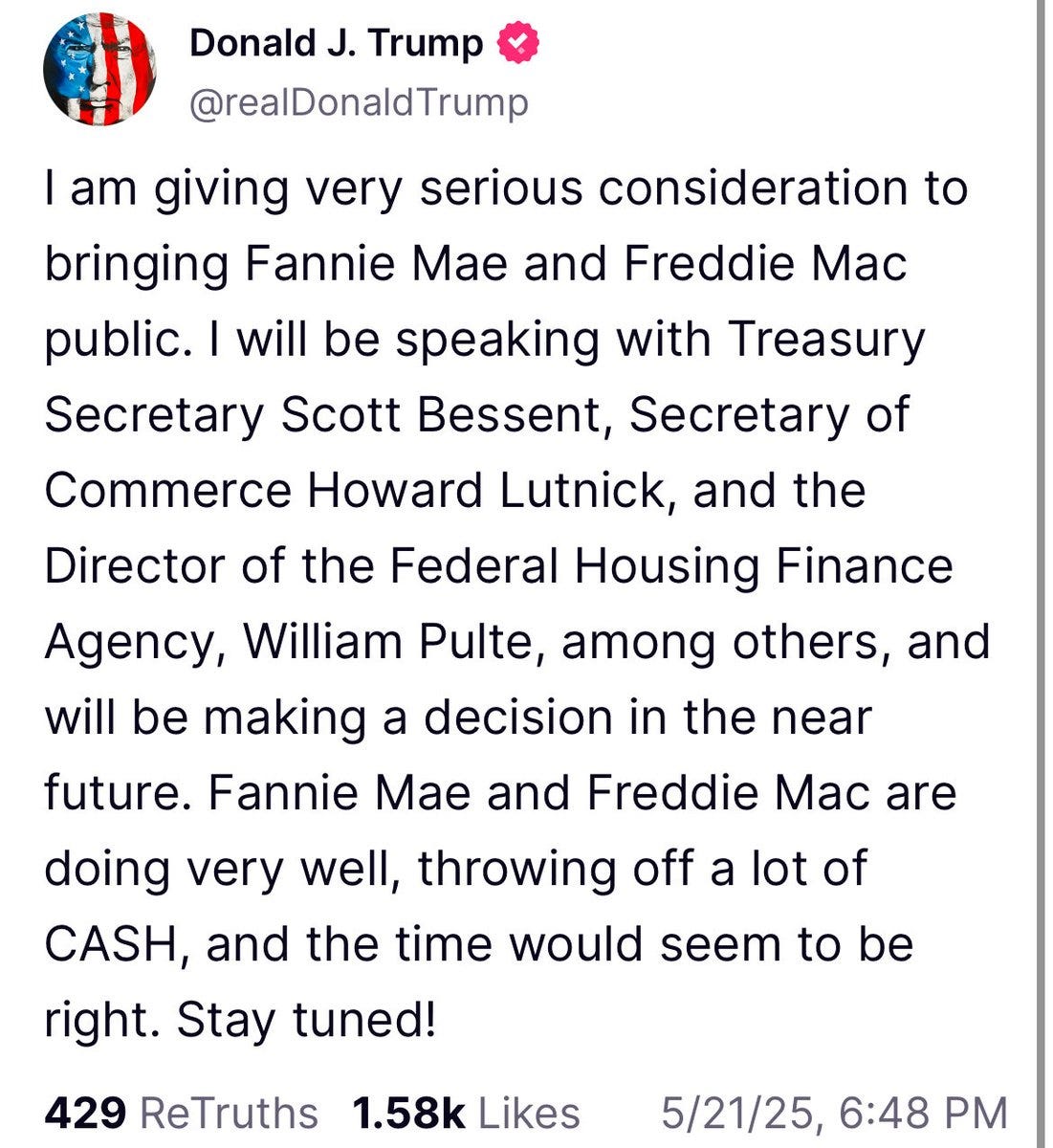 annmarie hordern on X: "Trump says he is “giving very serious consideration  to bringing Fannie Mae and Freddie Mac public.” https://t.co/vPTo5dLQg9" / X