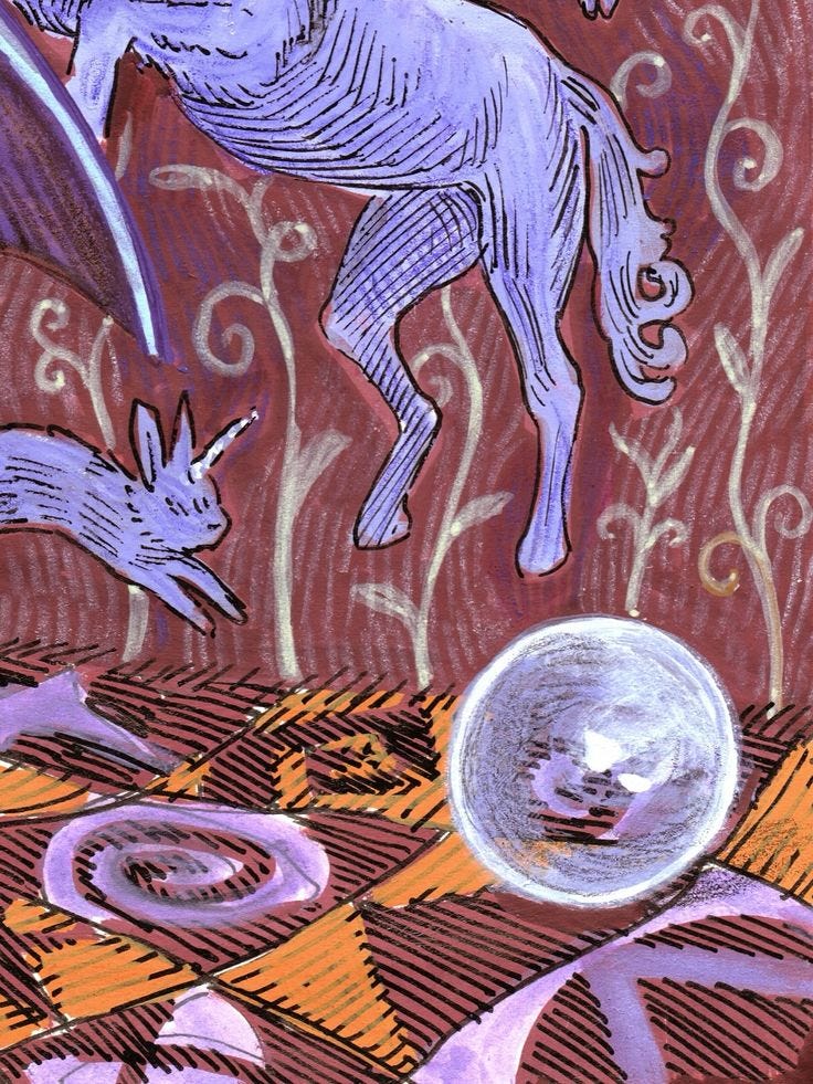 This may contain: a drawing of a horse and a rabbit in front of a red background with swirls