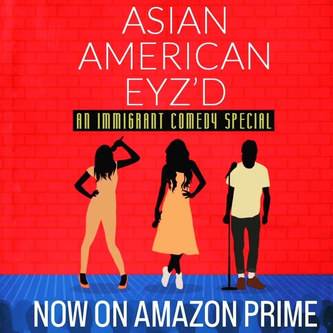 movie poster for Asian American Eyz’d featuring silhouettes of three comics in dynamic poses: a cis woman, a Trans woman, and a cis man movie poster for Asian American Eyz’d featuring silhouettes of three comics in dynamic poses: a cis woman, a Trans woman, and a cis man
