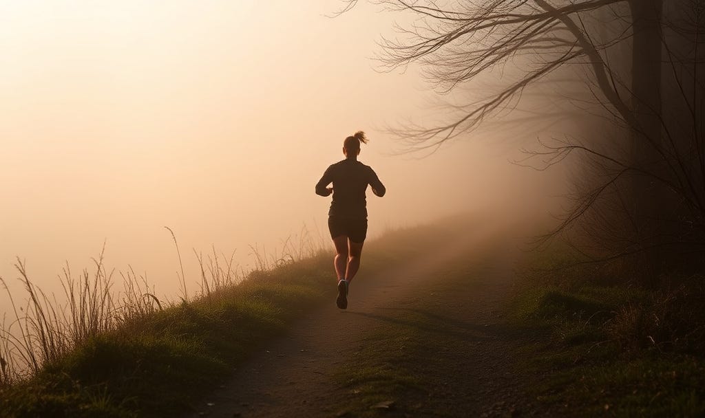 A lone runner moves through soft morning fog along a quiet dirt trail, light breaking gently through the mist. The scene symbolizes the 1% journey—each small, steady step forward toward resilience, clarity, and self-mastery. A lone runner moves through soft morning fog along a quiet dirt trail, light breaking gently through the mist. The scene symbolizes the 1% journey—each small, steady step forward toward resilience, clarity, and self-mastery.