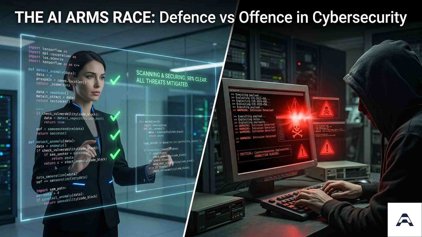 Split screen showing AI scanning code with green checkmarks on left and threat actor at terminal with red warnings on right Split screen showing AI scanning code with green checkmarks on left and threat actor at terminal with red warnings on right