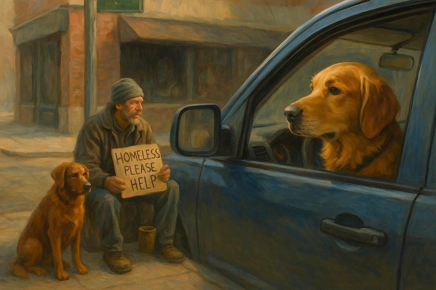 Golden retriever sitting in the passenger seat of a parked truck, gazing out at a man holding a cardboard sign on a city corner.