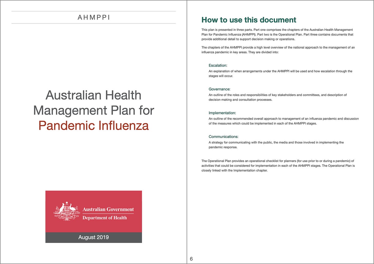 Cover page of the Australian Government’s 2019 Health Management Plan for Pandemic Influenza, a 230-page national pandemic response playbook.