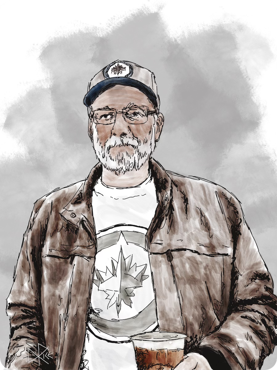 Happily holding his beer at the Canada Life Centre, a bearded man in a brown leather jacket and a Winnipeg Jets branded cap and t-shirt is prepared to watch the Jets game. Sketch art by Don Rice.