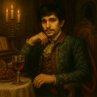Create an image of Felonious seated in the dining hall of Castle Ravenloft, appearing perfectly at ease as if he belongs there. Use a visual palette inspired by the expressive elegance of Ben Whishaw without referencing him directly: delicate, angular features; tousled dark hair; luminous eyes with a hint of melancholy; and a graceful, slightly eccentric posture. He wears layered formal attire in deep plum, charcoal, and silver accents—tailored but poetic. A silver pseudodragon spirit rests nearby. The dining hall is dimly lit with candlelight, velvet runners, silver cutlery, and the looming organ in the background. Felonious sits with one hand on a goblet, the other near a folded napkin with notes scribbled in ink. His expression is composed, observant, and quietly amused.