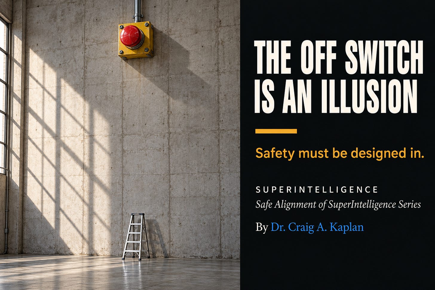 A large red emergency-stop button mounted near the top of a very tall concrete wall, far above a small stepladder on the floor below. On the right, a black panel reads: The off switch is an illusion. Safety must be designed in. Superintelligence. Safe Alignment of SuperIntelligence Series. By Dr. Craig A. Kaplan