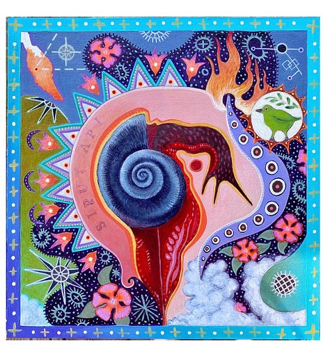 8 paintings and an assemblage centered around the theme of fire