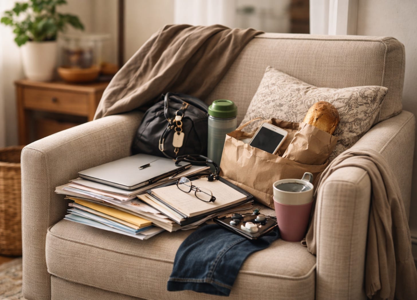 Beige armchair in soft natural light covered with everyday overflow, including a laptop, papers, notebook, glasses, coffee mug, reusable bottle, handbag, loaf of bread, and phone, leaving no room to sit. Beige armchair in soft natural light covered with everyday overflow, including a laptop, papers, notebook, glasses, coffee mug, reusable bottle, handbag, loaf of bread, and phone, leaving no room to sit.