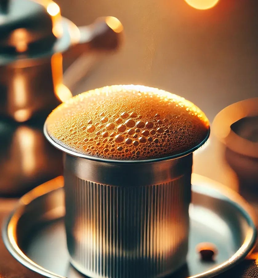 South Indian filter coffee served traditionally in steel utensils