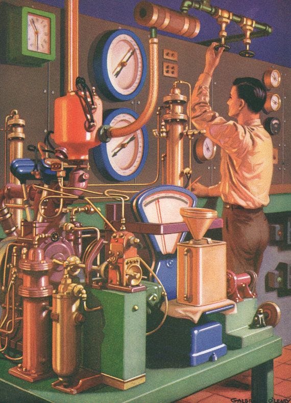 vintage print SCIENCE LAB with engineer conducting experiment, 1950s ...