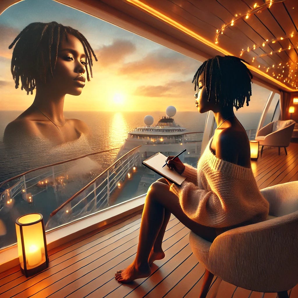 Woman on cruise journaling about an abundant life, homestead, and leaving hustle culture.