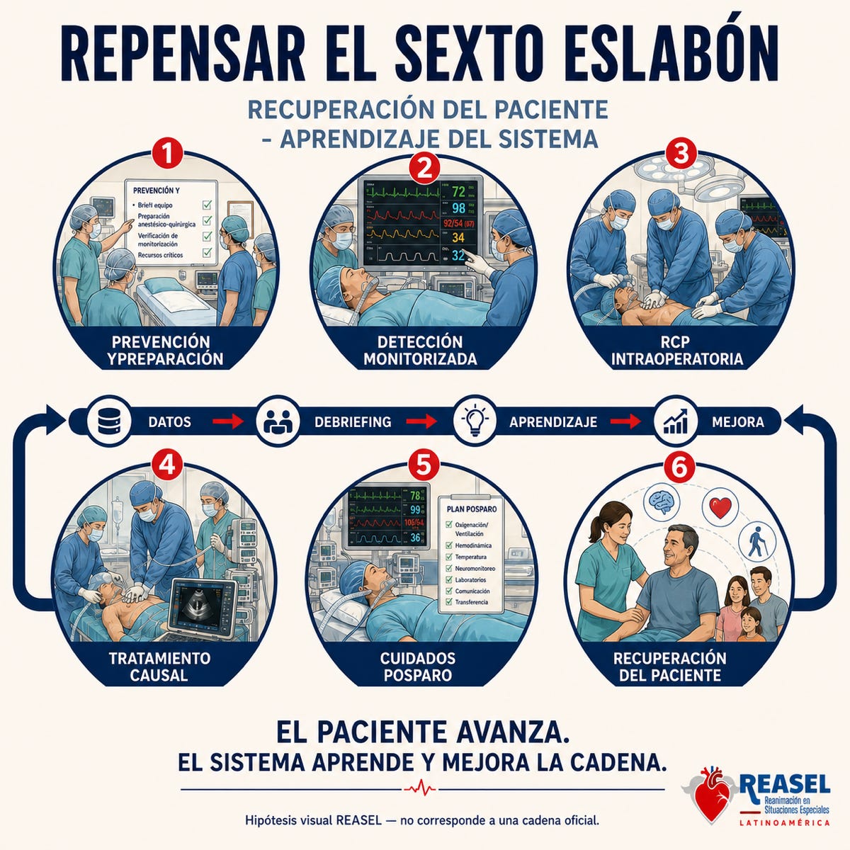 Diagrama editorial que mantiene seis eslabones para el recorrido del paciente y muestra un circuito transversal de datos, debriefing, aprendizaje y mejora.