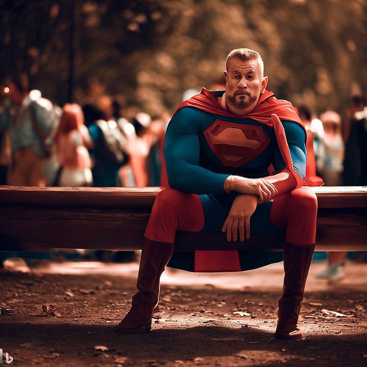 Bu görseller için yazdığım metin: "A sad superhero, sitting on a wooden bench in a crowded park." (Bank ile kalça ve ayakların ilişkisi biraz zorlayıcı olmuş belli ki.)