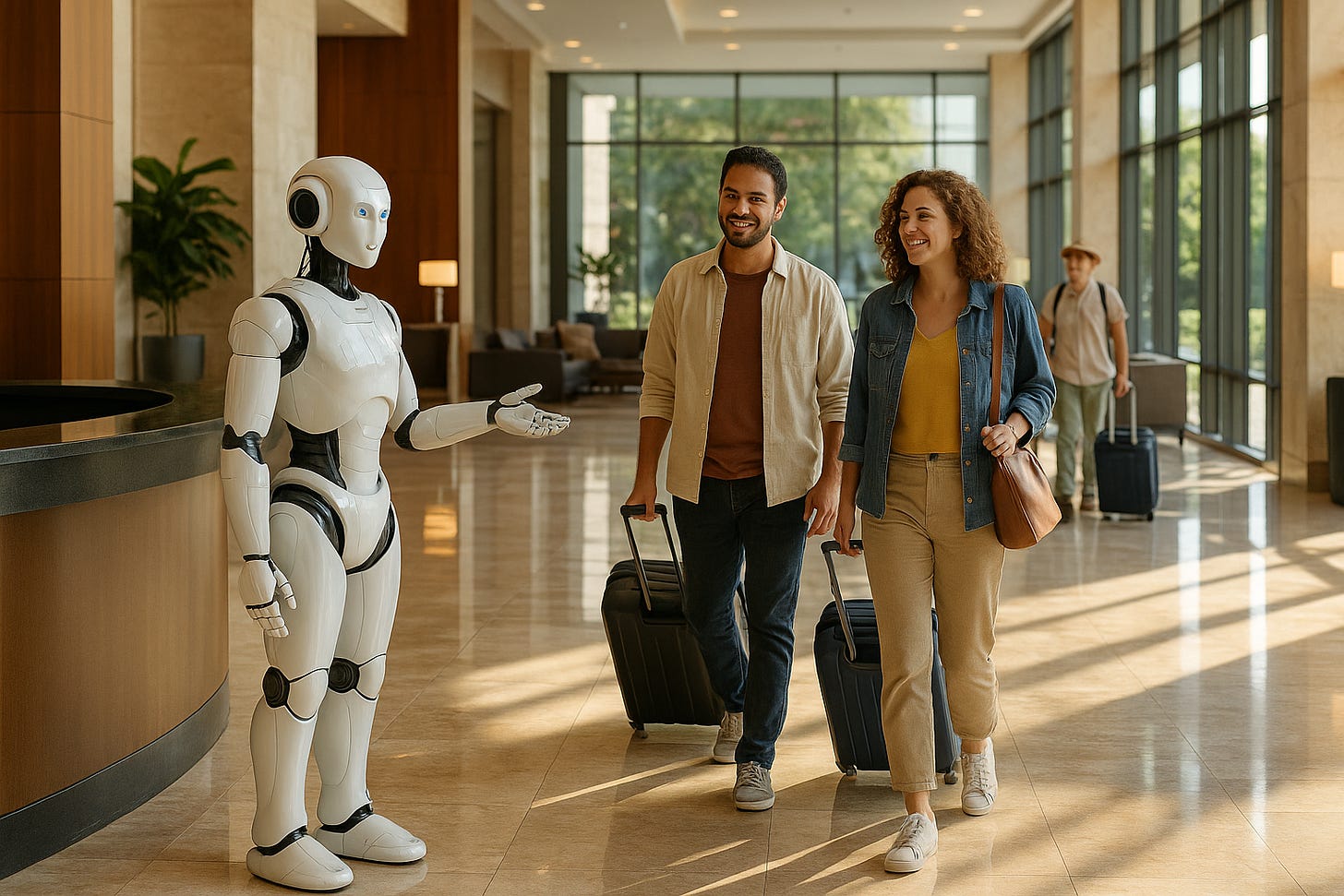 Robot concierge humanoid întâmpinând călători zâmbitori într-un lobby de hotel cu podele din marmură lucioasă și lumină naturală abundentă Robot concierge humanoid întâmpinând călători zâmbitori într-un lobby de hotel cu podele din marmură lucioasă și lumină naturală abundentă