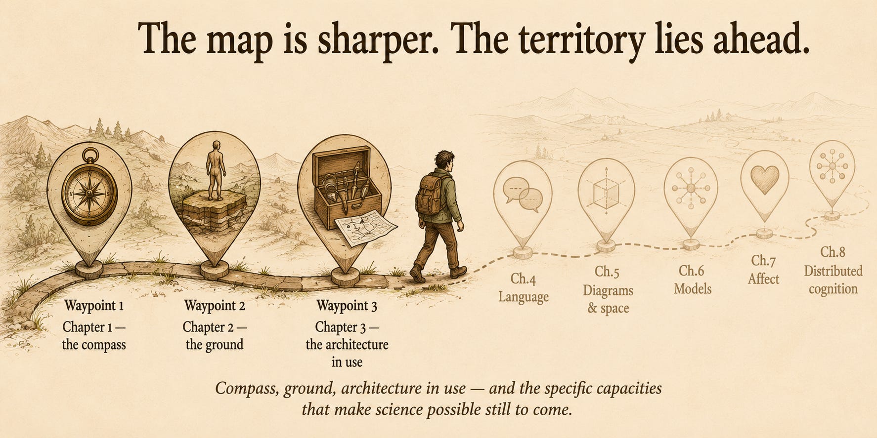 A left-to-right journey diagram. Three completed waypoints: Chapter 1 "the compass" (a brass compass); Chapter 2 "the ground" (layered bedrock with an embodied figure); Chapter 3 "the architecture in use" (a toolbox and a map being read). A walking figure faces right toward five faint, dashed, not-yet-reached waypoints: Ch.4 Language, Ch.5 Diagrams & space, Ch.6 Models, Ch.7 Affect, Ch.8 Distributed cognition. A left-to-right journey diagram. Three completed waypoints: Chapter 1 "the compass" (a brass compass); Chapter 2 "the ground" (layered bedrock with an embodied figure); Chapter 3 "the architecture in use" (a toolbox and a map being read). A walking figure faces right toward five faint, dashed, not-yet-reached waypoints: Ch.4 Language, Ch.5 Diagrams & space, Ch.6 Models, Ch.7 Affect, Ch.8 Distributed cognition.