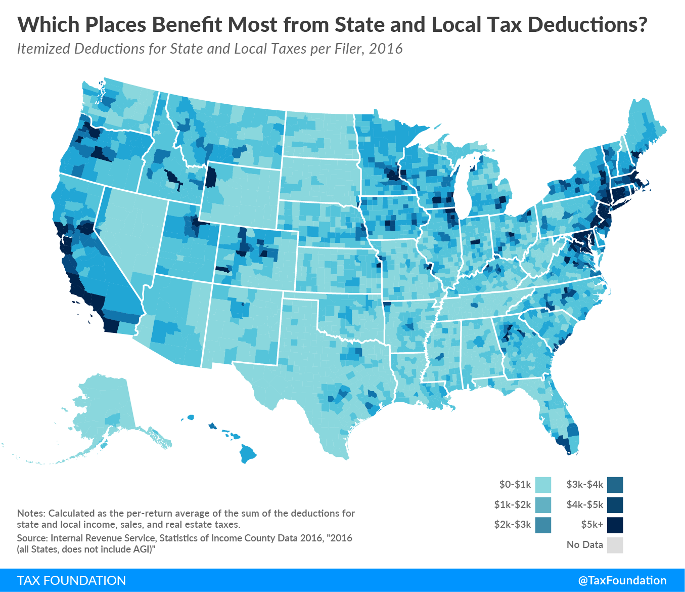 A Tax Foundation map showing which counties benefit the most and least from the SALT deduction; benefits concentrated in northeast and west coast A Tax Foundation map showing which counties benefit the most and least from the SALT deduction; benefits concentrated in northeast and west coast