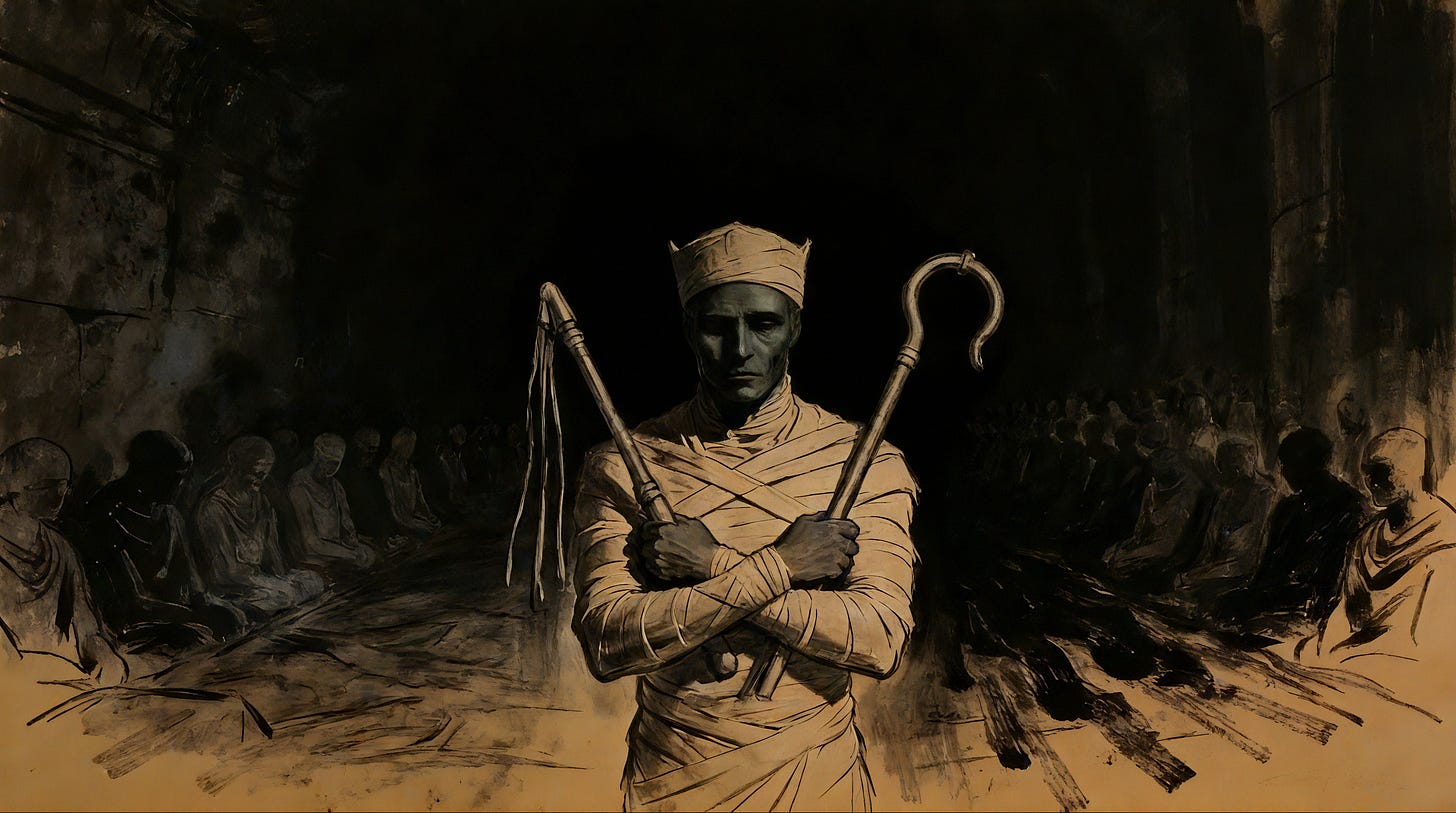 A bound, wrapped dead king sits frontally, a crook and flail crossed on his chest, ranks of the still dead fading into the dark on both sides. Warm-amber charcoal.