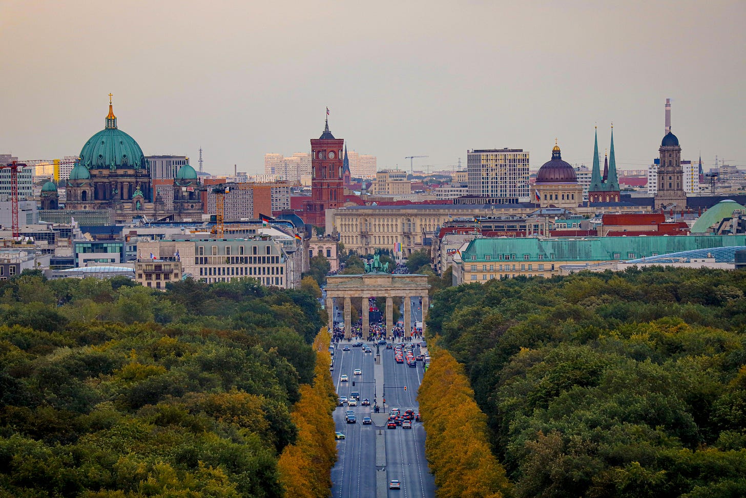Aerial view of Berlin with Brandenburg Gate, Cathedral and Tiergarten