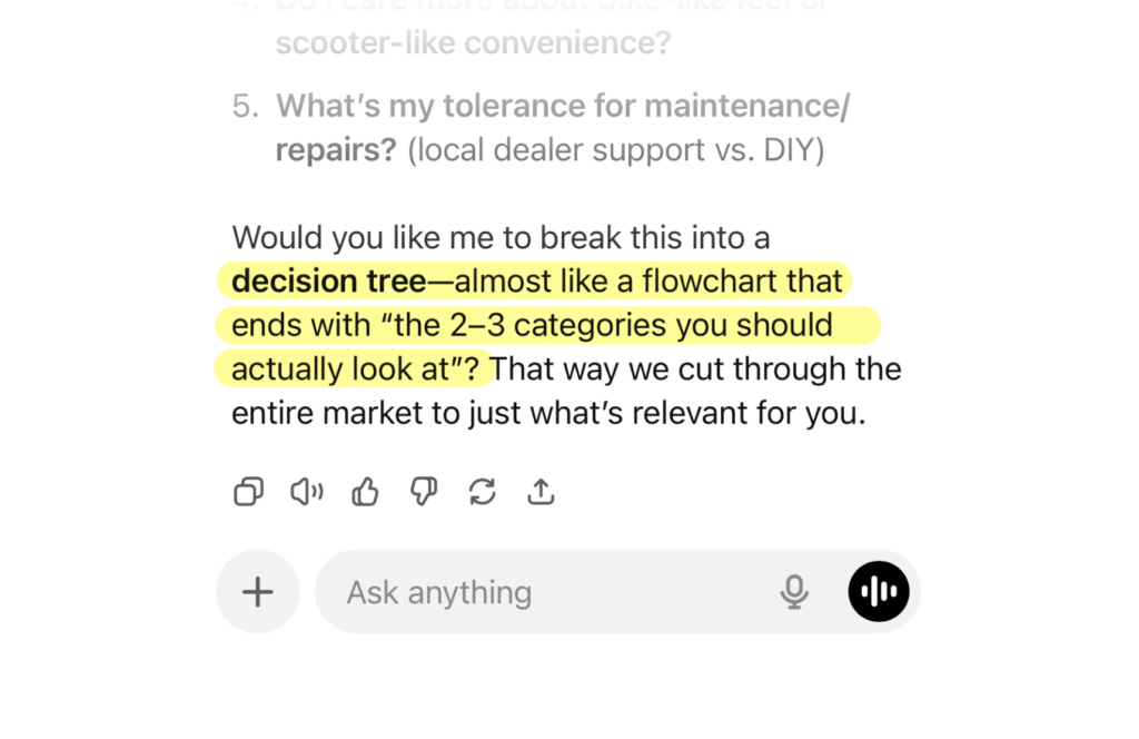 An agentic chat window shows the agent asking the user a followup question to keep a conversation going. The agent asks if the user would like to break their previous response into a flowchart to help the user make sense of it.  An agentic chat window shows the agent asking the user a followup question to keep a conversation going. The agent asks if the user would like to break their previous response into a flowchart to help the user make sense of it.
