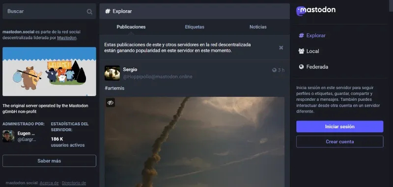 Página de inicio de Mastodon. Página de inicio de Mastodon.