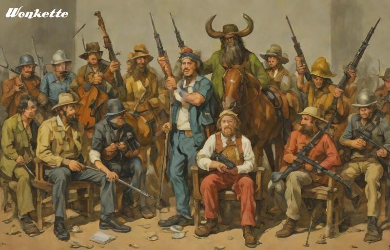 AI generated image of a bunch of guys in old-timey costumes holding either musical instruments or surreal guns. Two — wait, three! — wear conquistador helmets for some reason. One man standing next to a horse has horns growing out of his head. Another wields a club with a gun barrel coming out of it. AI generated image of a bunch of guys in old-timey costumes holding either musical instruments or surreal guns. Two — wait, three! — wear conquistador helmets for some reason. One man standing next to a horse has horns growing out of his head. Another wields a club with a gun barrel coming out of it.