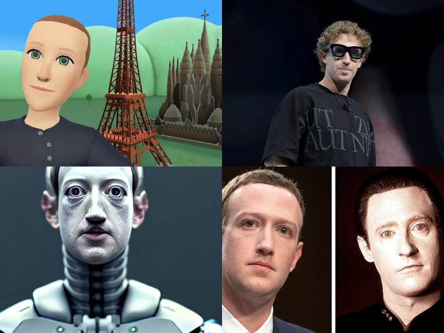 RIdiculous collage showing Zuck as an AI generated android, his avatar from the Metaverse, Data from Star Trek and his most modern look wearing the new Meta AR glasses on stage RIdiculous collage showing Zuck as an AI generated android, his avatar from the Metaverse, Data from Star Trek and his most modern look wearing the new Meta AR glasses on stage