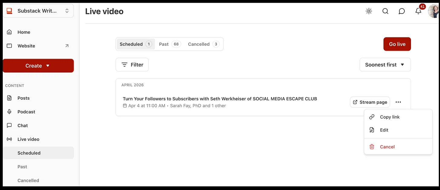 Live video folder on the Substack dashboard Live video folder on the Substack dashboard
