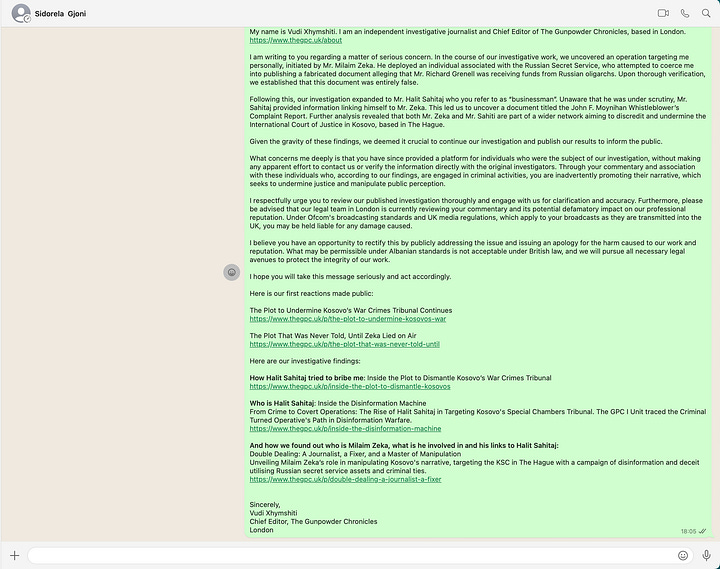 Për hirë të transparencës ndaj publikut ne po e publikojmë mesazhin e plotë të dërguar sot Sidorela Gjonit.