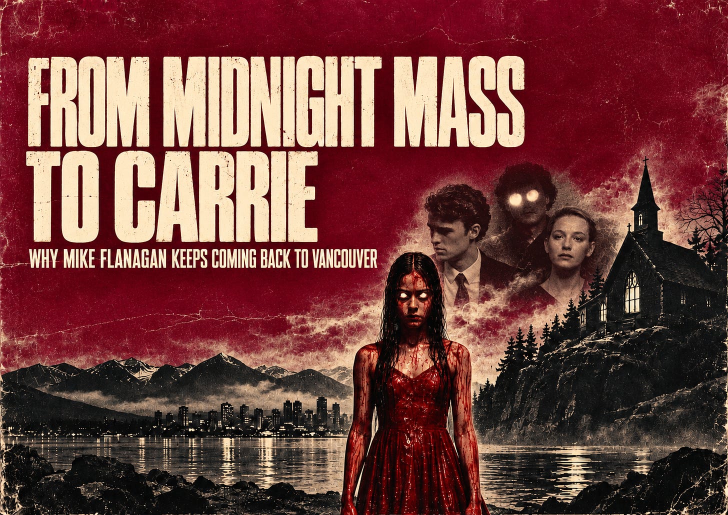 Vintage horror-style illustration featuring a Carrie-inspired figure, Vancouver's waterfront skyline, mountains and a gothic church. Vintage horror-style illustration featuring a Carrie-inspired figure, Vancouver's waterfront skyline, mountains and a gothic church.
