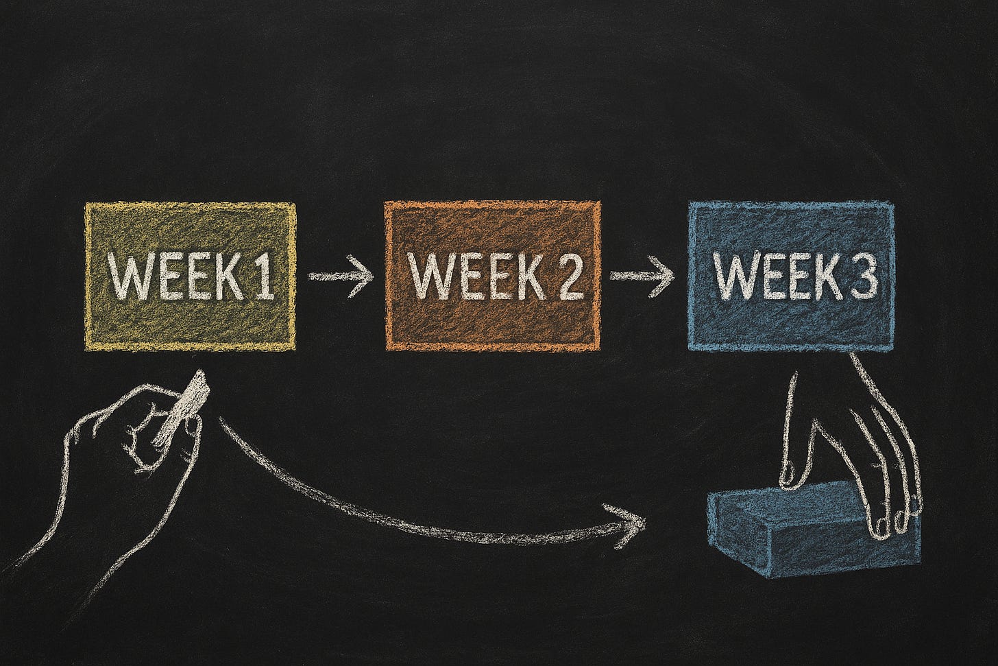 Chalkboard drawing of a black surface showing colored chalk blocks labeled “Week 1,” “Week 2,” and “Week 3,” connected by arrows with chalk-drawn hands writing and adjusting them, symbolizing building a business step by step in two-week increments.