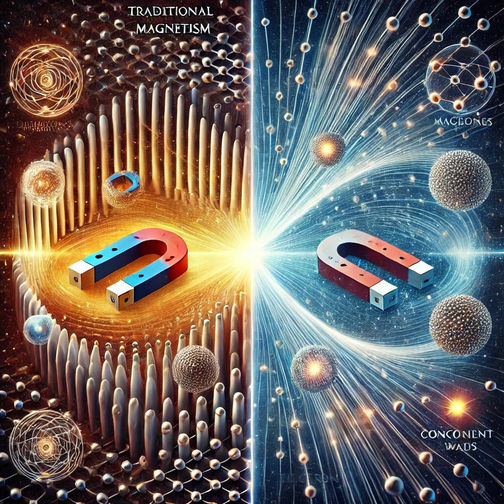 A conceptual and highly detailed illustration comparing traditional magnetism with the emerging theory of 'Magnetivity.' The image should show two sections side by side: on the left, depict traditional magnetism with magnetic domains, flux lines, magnetic fields around materials like iron, and atomic-level electron spins, represented visually as small aligned arrows. On the right, depict the theory of 'Magnetivity' as a cosmic, interconnected network, with coherent waves and fields extending across space-time, symbolizing a unifying magnetic field connecting matter, consciousness, and the universe. Include subtle glowing lines to suggest energy and coherence. The overall tone should be scientific yet mystical, inviting viewers to contemplate a unified theory of connection between the micro and macro scales of the universe. A conceptual and highly detailed illustration comparing traditional magnetism with the emerging theory of 'Magnetivity.' The image should show two sections side by side: on the left, depict traditional magnetism with magnetic domains, flux lines, magnetic fields around materials like iron, and atomic-level electron spins, represented visually as small aligned arrows. On the right, depict the theory of 'Magnetivity' as a cosmic, interconnected network, with coherent waves and fields extending across space-time, symbolizing a unifying magnetic field connecting matter, consciousness, and the universe. Include subtle glowing lines to suggest energy and coherence. The overall tone should be scientific yet mystical, inviting viewers to contemplate a unified theory of connection between the micro and macro scales of the universe.