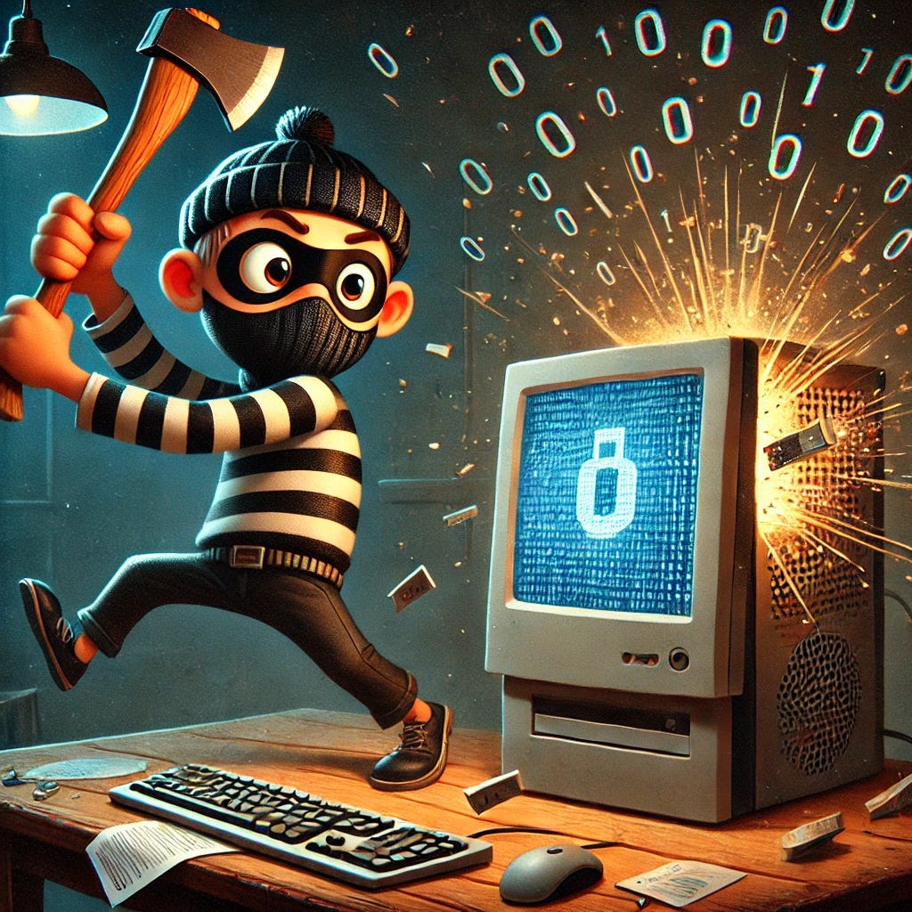 A whimsical illustration of a cartoon burglar holding an axe and striking a desktop computer depicted with a human-like expression, featuring a monitor, keyboard, and CPU tower. The burglar wears a striped shirt, black mask, and beanie, with an exaggerated, playful expression. Sparks and binary code (0s and 1s) scatter dramatically from the computer's screen. The background is a dimly lit room with scattered papers and a simple desk, creating a humorous yet dramatic cyber-themed scene.